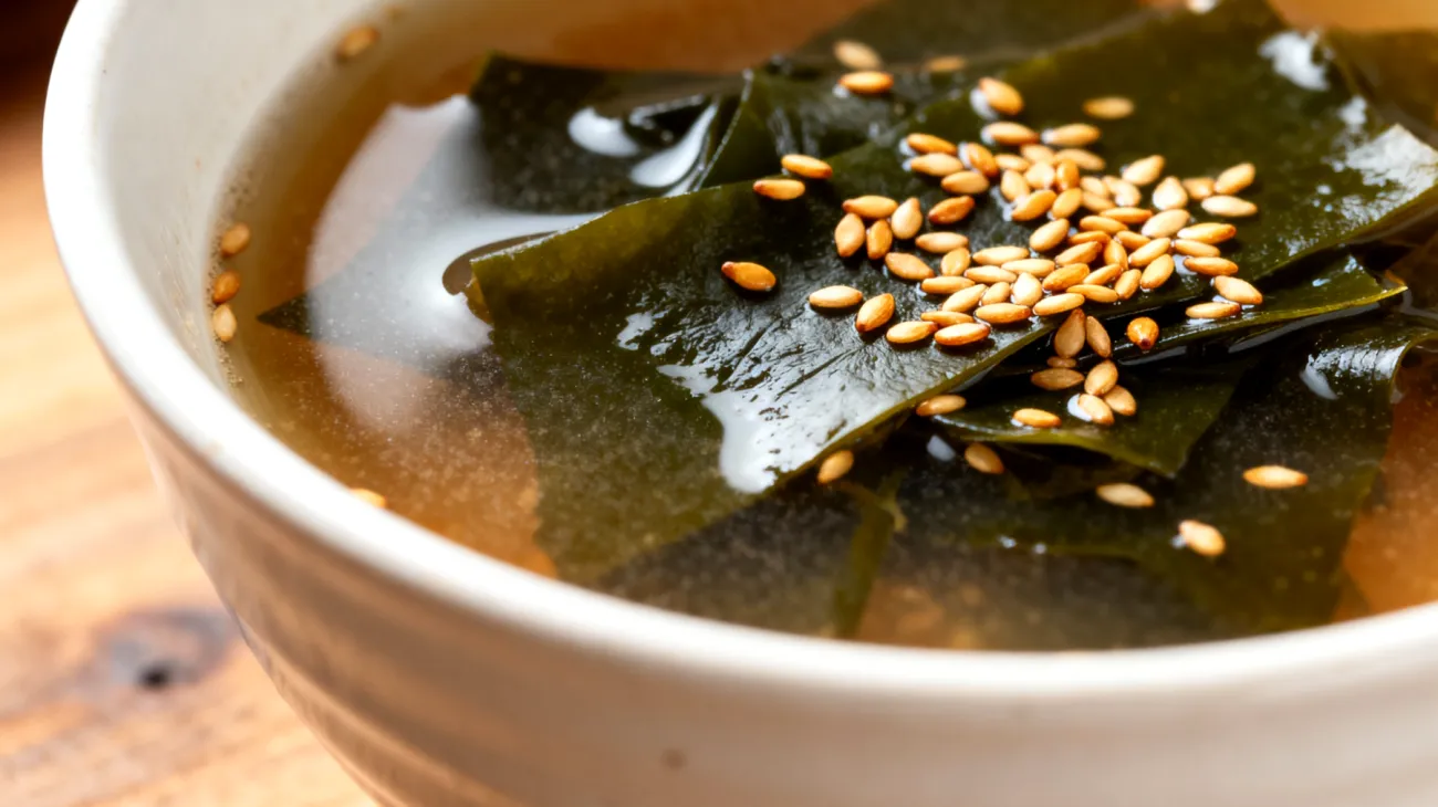 Miso-Suppe mit Wakame-Algen und geröstetem Sesam"