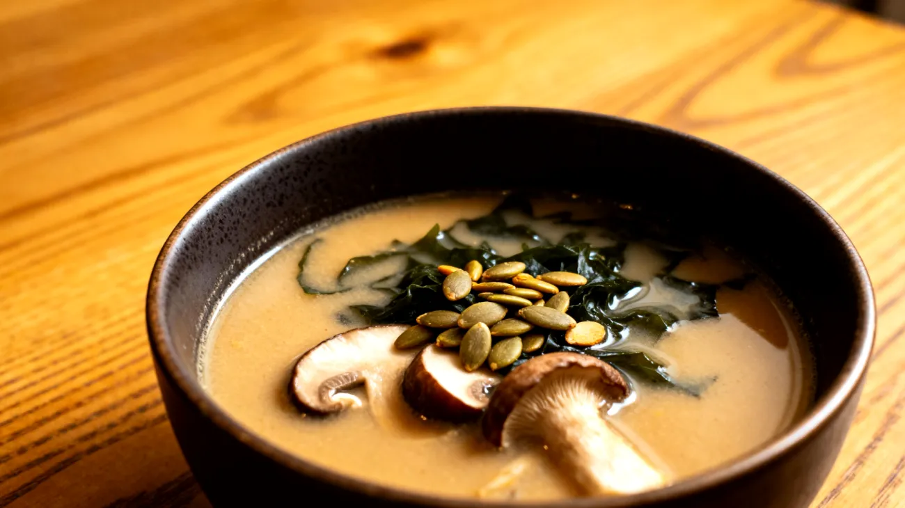 Shiitake-Miso-Suppe mit Wakame-Algen und gerösteten Kürbiskernen"