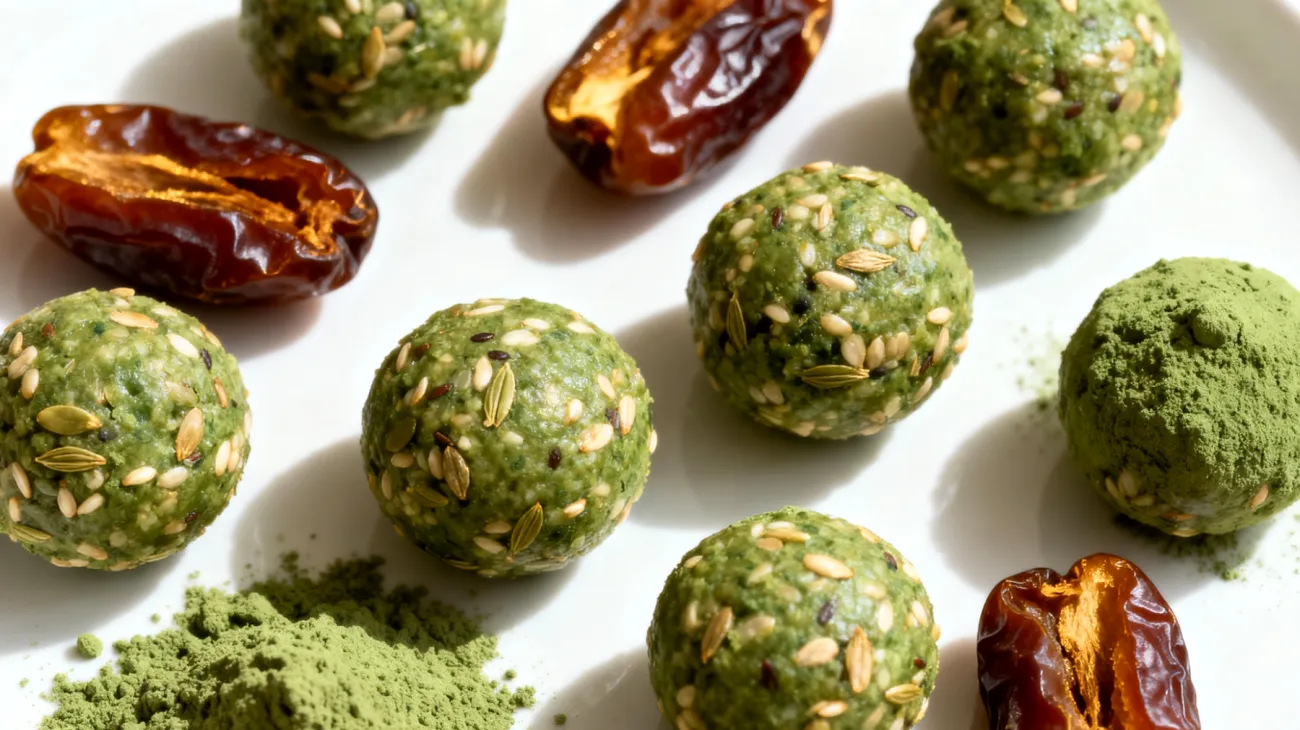 Energiekugeln aus Hanfsamen, Datteln und Spirulina"