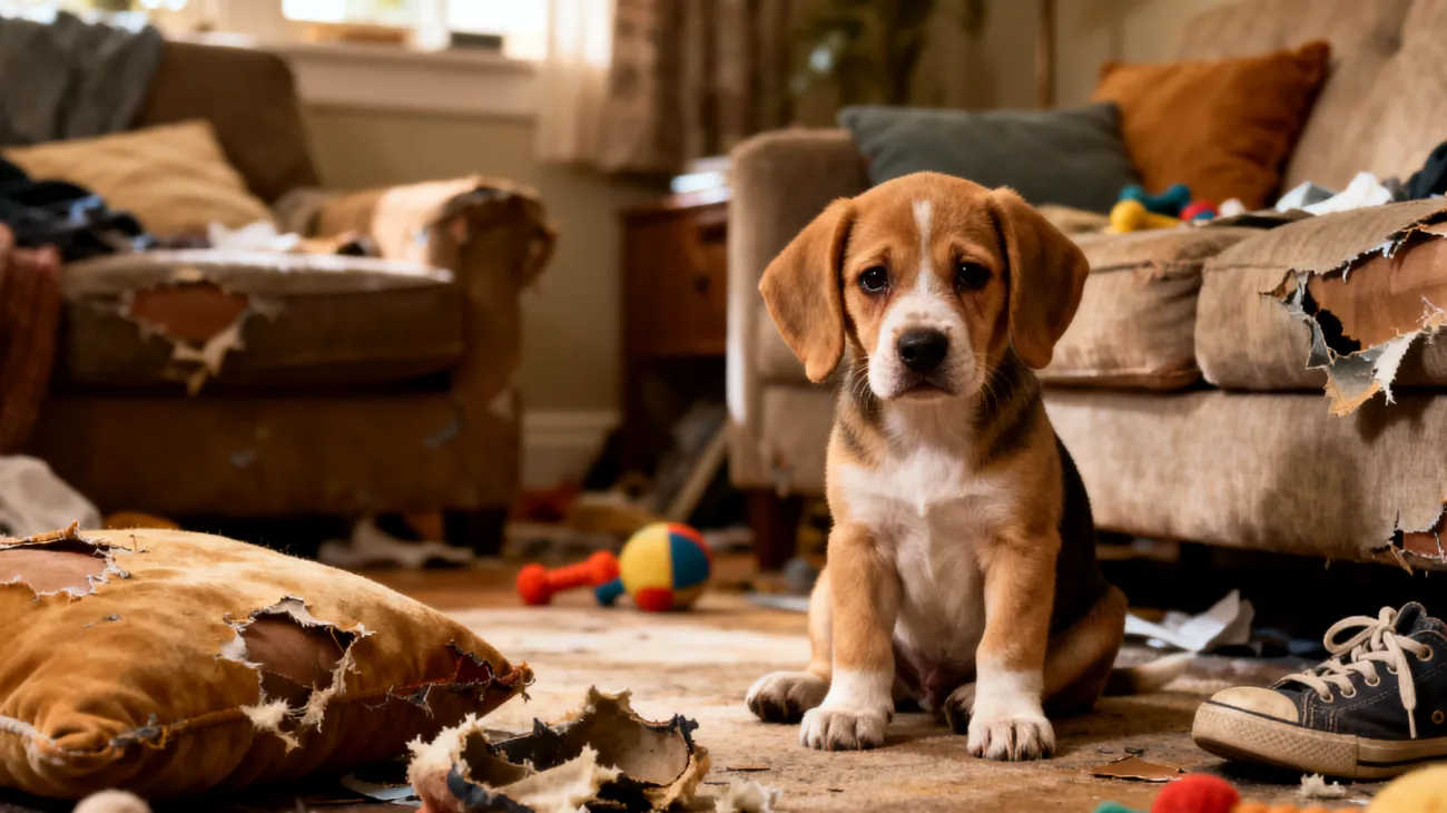 Ein Welpe zeigt destruktives Verhalten und übermäßige Unruhe, weil er nicht ausreichend geistig und körperlich beschäftigt wird, was zu Langeweile und Stress führt"