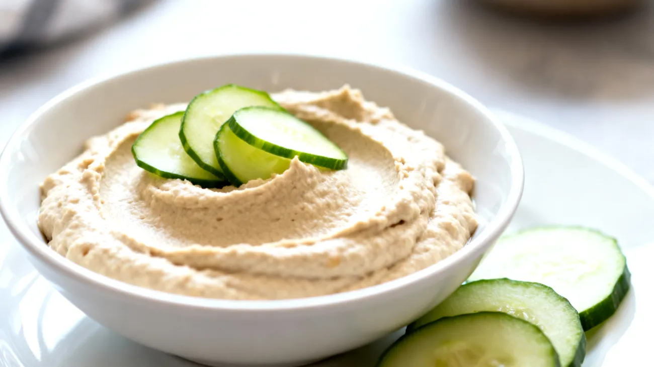 Lupinenbohnen-Hummus mit Gurkenscheiben"