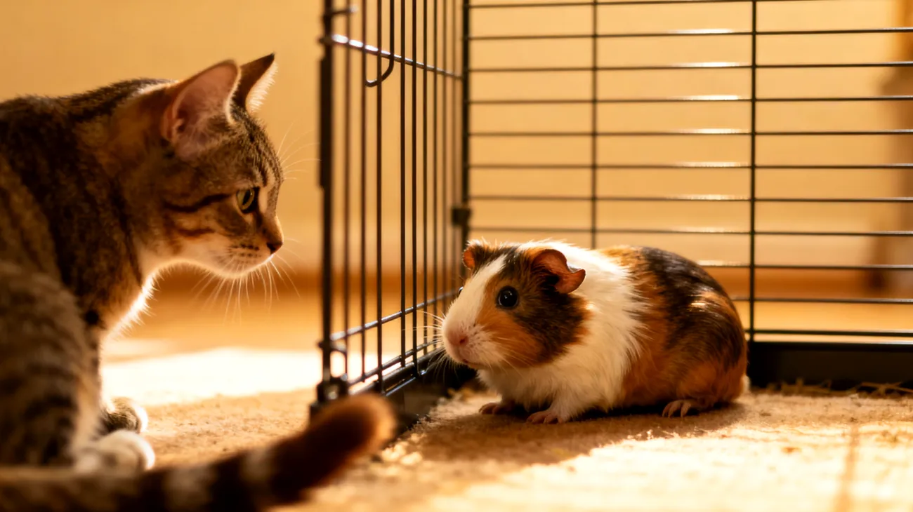 Meerschweinchen zeigt aggressives oder ängstliches Verhalten gegenüber anderen Haustieren im Haushalt und benötigt eine strukturierte Routine zur Gewöhnung und zum harmonischen Zusammenleben"