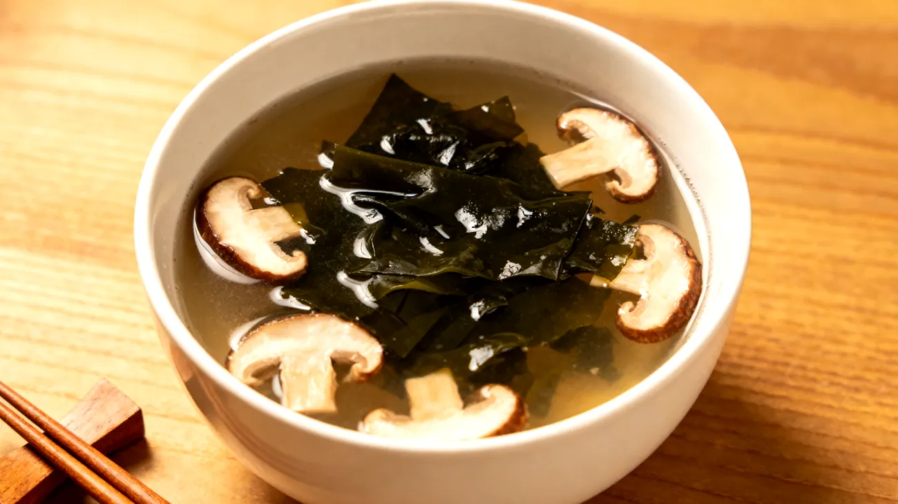 Miso-Suppe mit Wakame-Algen und Shiitake-Pilzen"